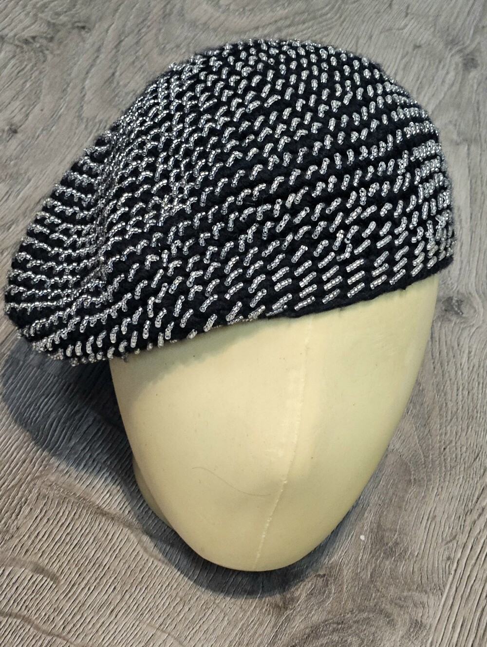 Vintage Catherine Malandrino Crochet Beret Hat Black Silver Bead Limited Edition